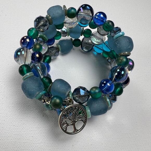 Handmade Beaded Coil Bracelet Sea Glass Blue Green Glass Beads Tree Charms - Picture 2 of 5